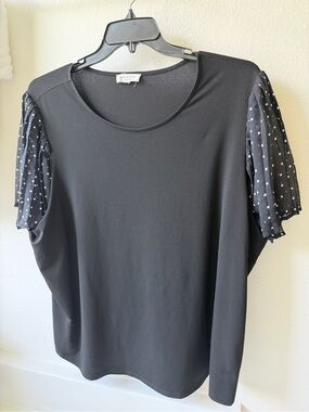Black Short-Sleeve Knit Top with Sheer Polka Dot Sleeves